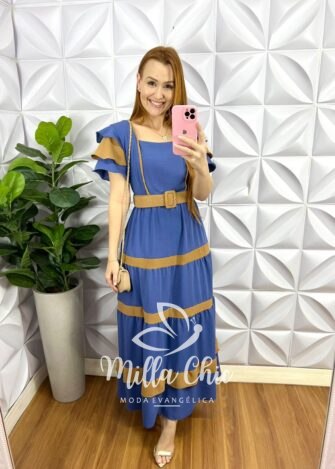 Vestido Dunna Mídi Com Marias e Cinto Bicolor Marcela - Azul Claro - Milla Chic