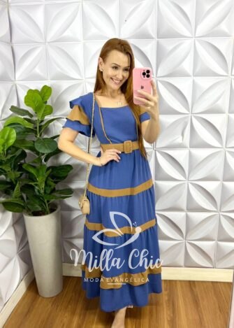 Vestido Dunna Mídi Com Marias e Cinto Bicolor Marcela - Azul Claro - Milla Chic