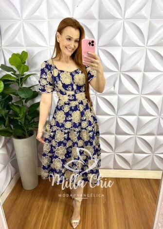 Vestido Rechilieu Bordado Em Alto Relevo Helena - Azul - Milla Chic
