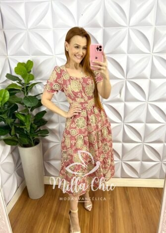 Vestido Rechilieu Bordado Em Alto Relevo Helena - Rosa - Milla Chic