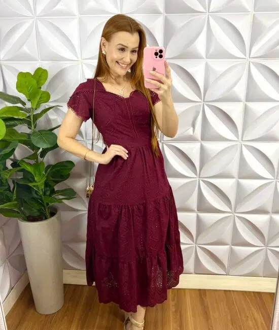 Vestido Laíse 100% Algodão Com Guipper Analice - Cherry - Milla Chic