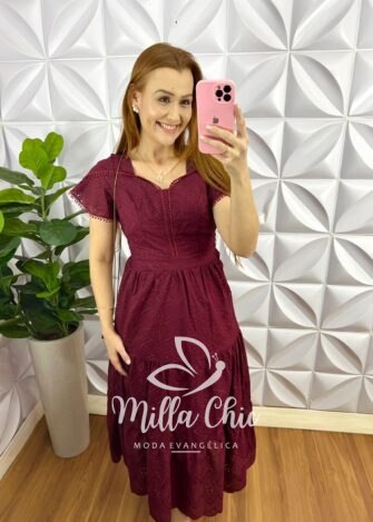 Vestido Laíse 100% Algodão Com Guipper Analice - Cherry - Milla Chic