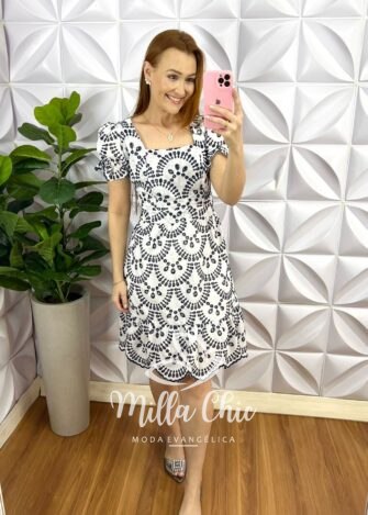 Vestido Laise Bordado Ate O Joelho Aurora - Branco - Milla Chic