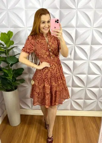 Vestido Lasie Algodão Mangas Princesa Botões De Perolas Catarina - Capuchino Com Cherry - Milla Chic