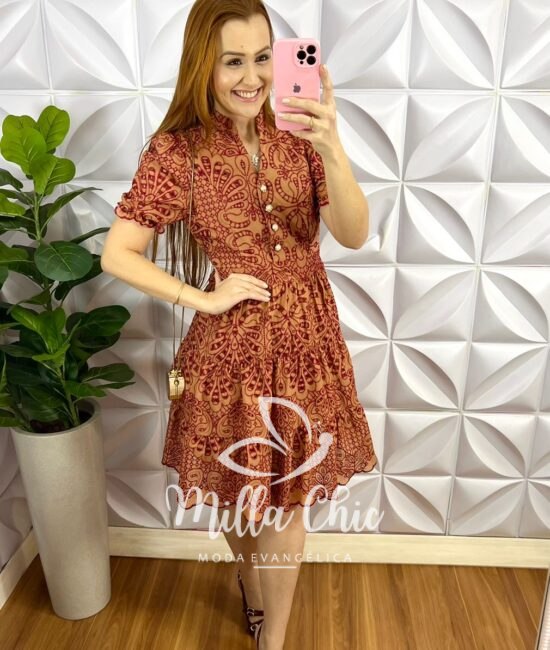 Vestido Lasie Algodão Mangas Princesa Botões De Perolas Catarina - Capuchino Com Cherry - Milla Chic