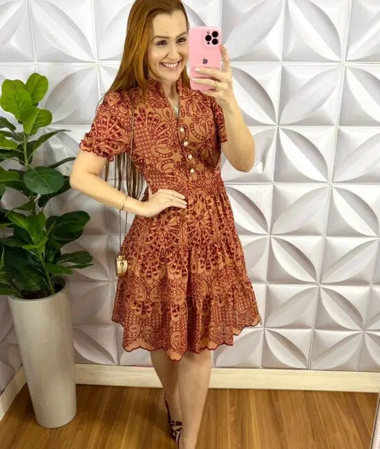 Vestido Lasie Algodão Mangas Princesa Botões De Perolas Catarina - Capuchino Com Cherry - Milla Chic