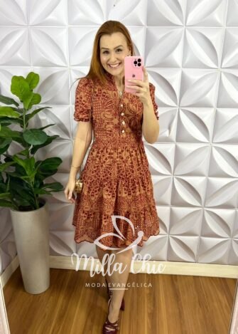 Vestido Lasie Algodão Mangas Princesa Botões De Perolas Catarina - Capuchino Com Cherry - Milla Chic