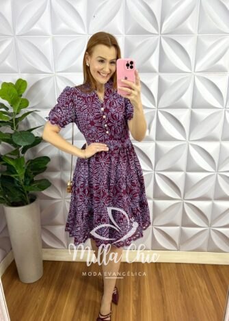 Vestido Lasie Algodão Mangas Princesa Botões De Perolas Catarina - Cherry Com Azul - Milla Chic