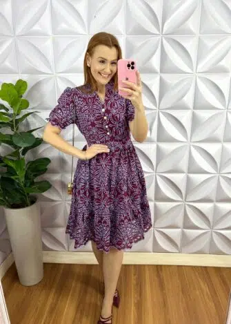 Vestido Lasie Algodão Mangas Princesa Botões De Perolas Catarina - Cherry Com Azul - Milla Chic