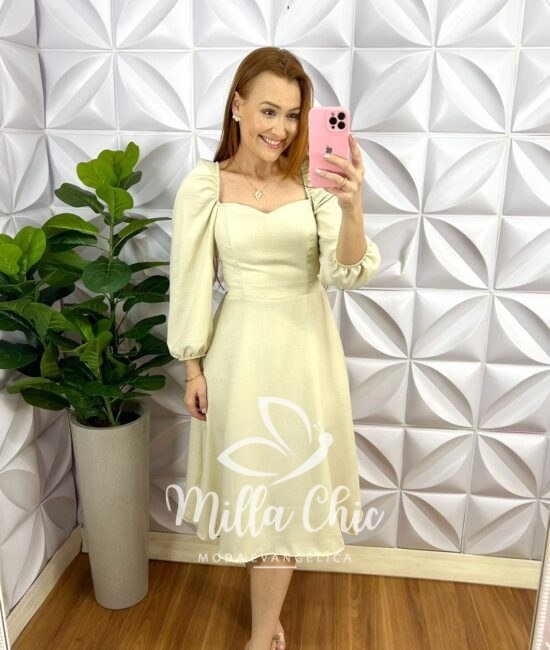 Vestido Linho Manga Longa Curto Sabrina - Areia - Milla Chic