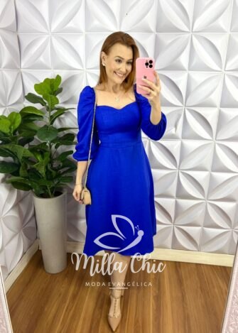 Vestido Linho Manga Longa Curto Sabrina - Azul - Milla Chic