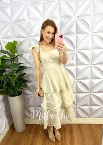 Vestido Linho Mídi Três Marias Manga Babadinho Thaisa - Areia - Milla Chic