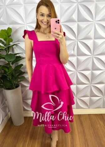 Vestido Linho Mídi Três Marias Manga Babadinho Thaisa - Pink - Milla Chic