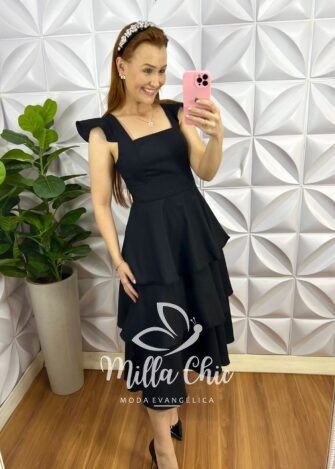 Vestido Linho Mídi Três Marias Manga Babadinho Thaisa - Preto - Milla Chic