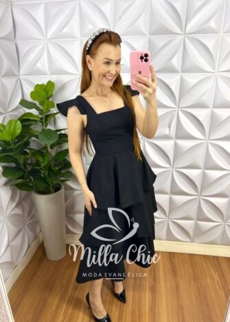 Vestido Linho Mídi Três Marias Manga Babadinho Thaisa - Preto - Milla Chic