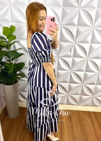 Vestido Longo Tricoline Manga Princesa Listrado Amanda - Azul - Milla Chic