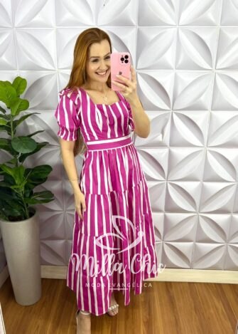 Vestido Longo Tricoline Manga Princesa Listrado Amanda - Rosa - Milla Chic