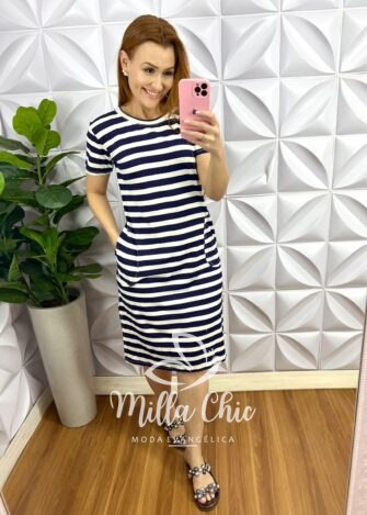 Vestido Malha Listrado Mídi Bolsos Lateral Toscana - Azul - Milla Chic
