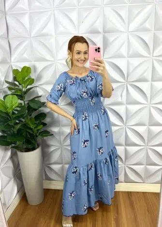 Vestido Tencell Bordado Longo Deise - Azul Escuro - Milla Chic