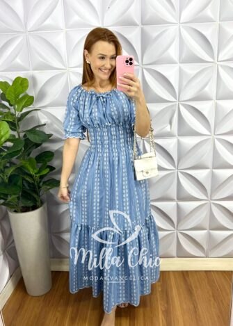 Vestido Tencell Bordado Longo Deise - Branco e Azul - Milla Chic