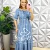 Vestido Tencell Bordado Longo Deise - Branco e Azul - Milla Chic