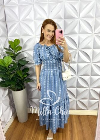 Vestido Tencell Bordado Longo Deise - Branco e Azul - Milla Chic