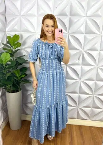 Vestido Tencell Bordado Longo Deise - Branco e Azul - Milla Chic