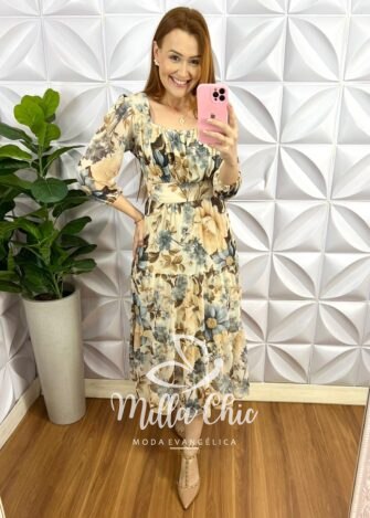 Vestido Tule Decote Quadrado Drapeados No Busto Três Marias Manga 7/8 Damares - Areia - Milla Chic