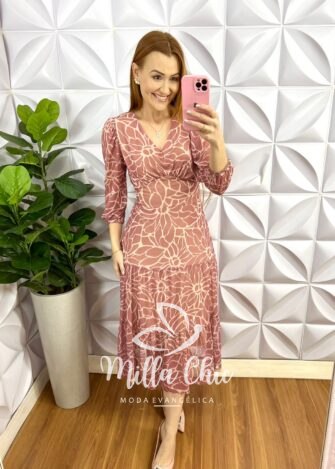 Vestido Tule Decote V Pala Na Cintura Manga 7/8 Três Marias Sandra - Rosa - Milla Chic