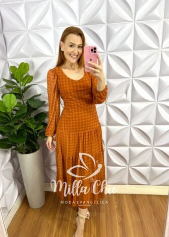 Vestido Tule Decote U Faixa Cinto Manga Longa Mídi Com Marias Celia - Terra Cota (xadrez) - Milla Chic