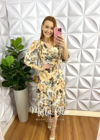 Vestido Tule Decote V Pala Na Cintura Manga 7/8 Três Marias Sandra - Areia - Milla Chic
