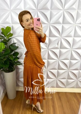 Vestido Tule Decote U Faixa Cinto Manga Longa Mídi Com Marias Celia - Terra Cota (xadrez) - Milla Chic