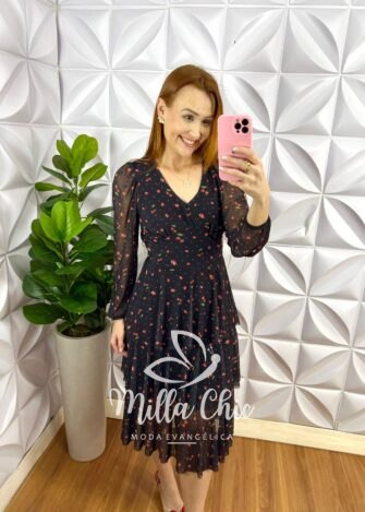 Vestido Tule Decote V Manga Longa Mídi Com Babados Três Marias Melinda - Cherry - Milla Chic