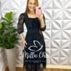 Vestido Tule Rendado Decote Quadrado Drapeados No Busto Três Marias Manga 7/8 Damares - Preto - Milla Chic