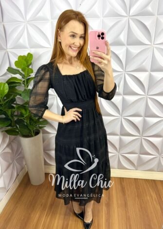 Vestido Tule Rendado Decote Quadrado Drapeados No Busto Três Marias Manga 7/8 Damares - Preto - Milla Chic