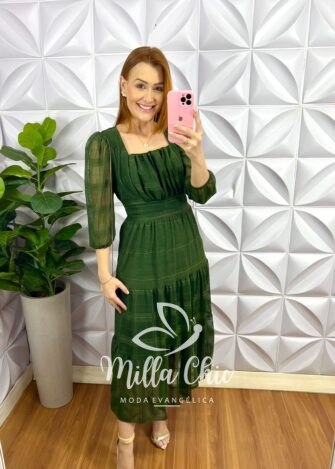 Vestido Tule Rendado Decote Quadrado Drapeados No Busto Três Marias Manga 7/8 Damares - Verde - Milla Chic