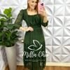 Vestido Tule Rendado Decote Quadrado Drapeados No Busto Três Marias Manga 7/8 Damares - Verde - Milla Chic