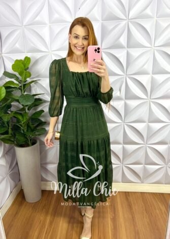 Vestido Tule Rendado Decote Quadrado Drapeados No Busto Três Marias Manga 7/8 Damares - Verde - Milla Chic