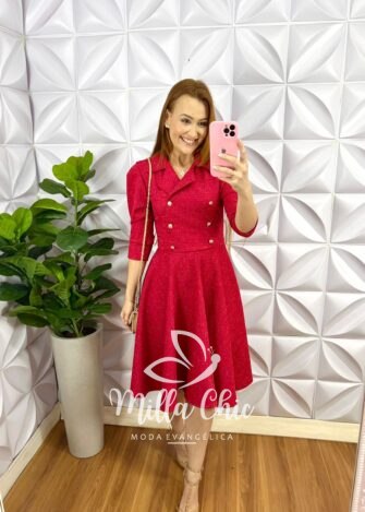 Vestido Tweed Estilo Casaco E Saia Godê Mariana - Vermelho - Milla Chic