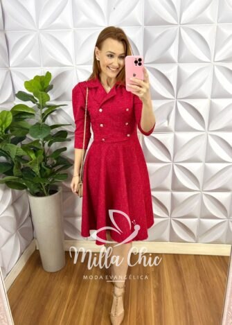 Vestido Tweed Estilo Casaco E Saia Godê Mariana - Vermelho - Milla Chic