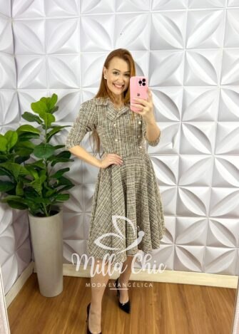 Vestido Tweed Estilo Casaco E Saia Godê Mariana - Preto - Milla Chic