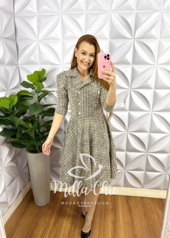 Vestido Tweed Estilo Casaco E Saia Godê Mariana - Preto - Milla Chic