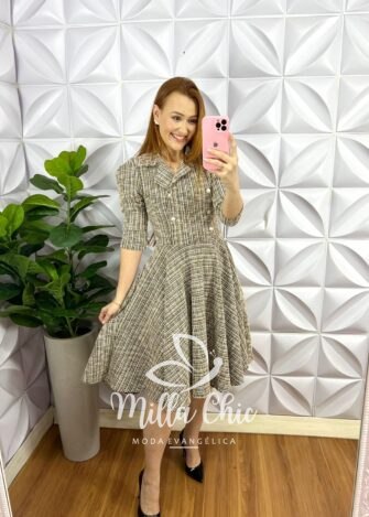 Vestido Tweed Estilo Casaco E Saia Godê Mariana - Preto - Milla Chic