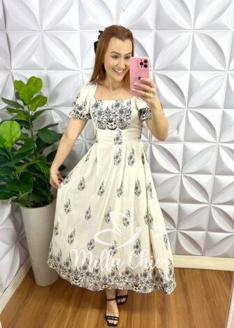 Vestido Viscolinho Com Bojo Estampado Mídi Egípcia - Areia Com Preto - Milla Chic