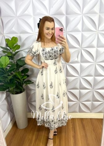 Vestido Viscolinho Com Bojo Estampado Mídi Egípcia - Areia Com Preto - Milla Chic