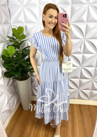 Vestido Viscolinho Com Guipper e Manga Babadinho Liziane - Azul - Milla Chic