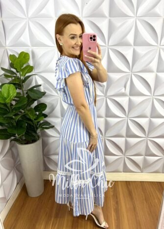 Vestido Viscolinho Com Guipper e Manga Babadinho Liziane - Azul - Milla Chic