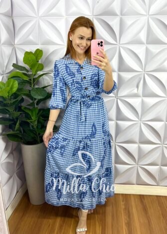 Milla Chic - millachic com br vestido viscolinho longo com botoes estampado daniele azul 2 Vestido Viscolinho Longo Com Botões Estampado Daniele - Azul - Milla Chic
