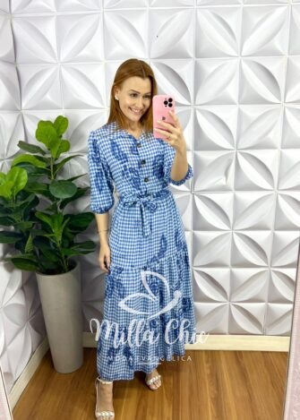 Vestido Viscolinho Longo Com Botões Estampado Daniele - Azul - Milla Chic