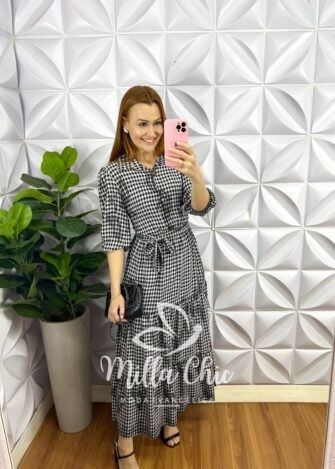 Vestido Viscolinho Longo Com Botões Estampado Daniele - Preto - Milla Chic